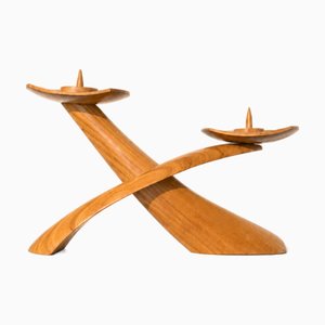 Mid-Century Modern Biomorphic Boomerang Wood Double Flame Candlestick, 1950s