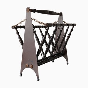 Mid-Century Modern Italian Ebonized Wood Folding Accordion Magazine Rack, 1950s