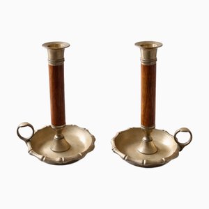 Mid-Century Modern Brass and Wood Chamber Candlesticks with Ring Handle, 1950, Set of 2