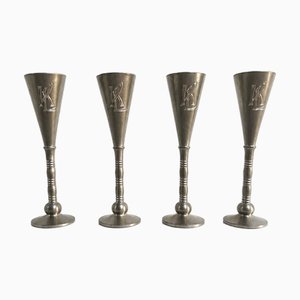 Art Deco Pewter Liquor Goblets by Just Andersen with Monogram KL, 1930s, Set of 4
