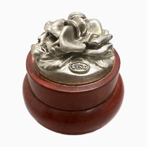 Mid-Century Modern Turned Wood Decorative Box with 800 Silver Rose Lid by Wenk, 1950s