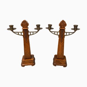 Amsterdam School · Oak and Brass Candlesticks