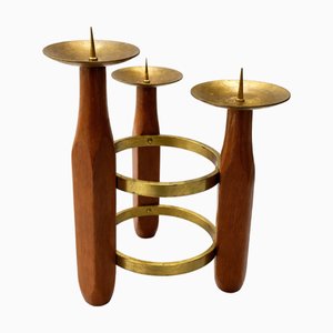 Mid-Century Modern Scandinavian Teak and Brass Circular Candleholder, 1960