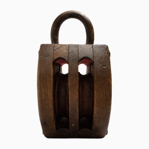 Industrial Ash and Iron Double Pulley Block Maritime Sculpture, 1930s