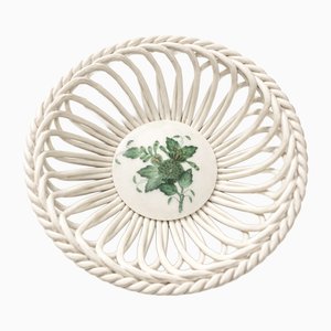 Vintage Handpainted Apponyi Green 7373 Openwork Porcelain Basket from Herend, Hungary, 1970s