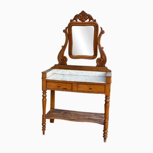 small retro dressing table 39"W Retro Wooden Makeup Vanity Set with Charging Plug & USB Port and Stool, Dressing Table with 3 Drawers and 1 Rattan Drawer, Walnut 4B