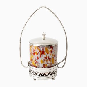 Art Deco Mottled Spatter Glass and Silver-Plated Covered Jar, Belgium, 1930s