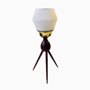 Lampada da tavolo Mid-Century tripode in teak, ottone e vetro, Danimarca, anni '50