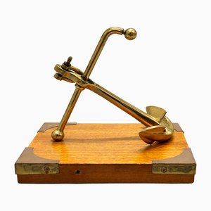 Vintage Mid-Century Brass Anchor Sculpture on Campaign Wooden Base, 1960s