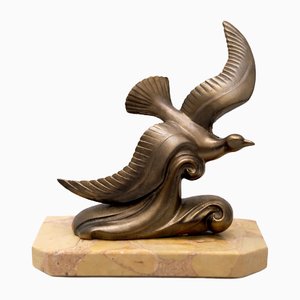 Art Deco French Stylized Bird Sculpture with Giallo di Siena Marble Vide-Poche, 20th Century