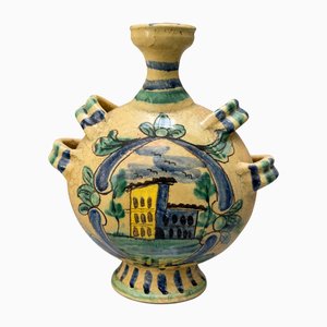 Mid-Century Modern Sicilian Caltagirone Ceramic Pilgrim Flask Majolica Vase, 1980