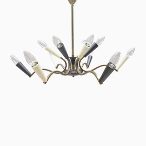 Lampadario Mid-Century bianco e nero con struttura in ottone