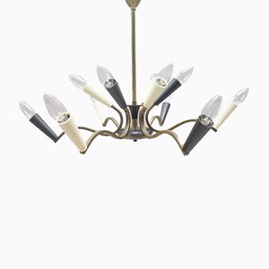 Mid-Century Black and White Chandelier with Brass Frame