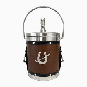 English Equestrian Horse Ice Bucket in Dark Brown Faux Leather, 1970s