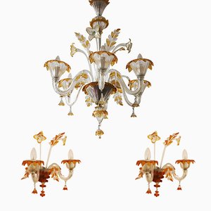 Lámpara de araña y apliques de cristal de Murano, años 50. Juego de 3