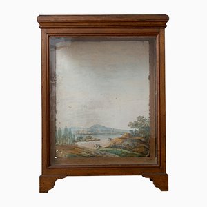 Antique Oak Display Case with Hand Painted Watercolor