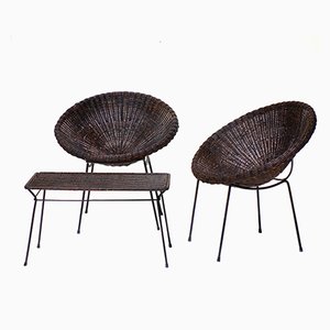 Mid-Century Italian Rattan Armchairs & Table Set, 1950s, Set of 3