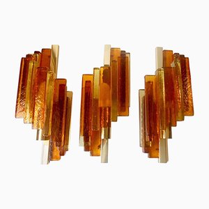 Rustik Stacked Glass & Brass Sconces by Svend Aage Holm Sorensen for Hassel & Teut, 1950s, Set of 3