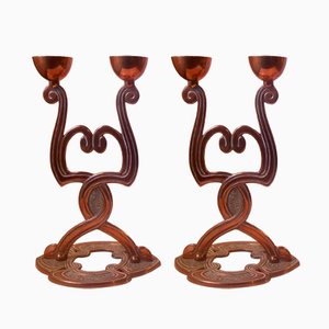 Antique Danish Art Nouveau Copper Candelabras, Set of 2