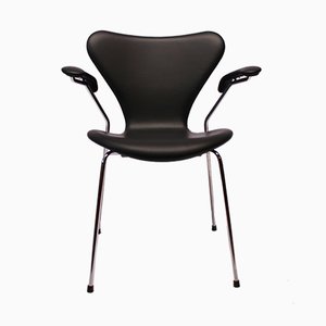 Black Leather Model 3207 Seven Chair by Arne Jacobsen for Fritz Hansen, 1980s