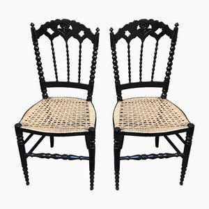 Small Vintage Black Lacquered Wood Chairs, Set of 2