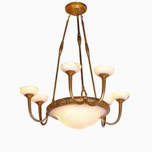 Art Deco Alabaster Chandelier with 3 Double Arms, 1920s