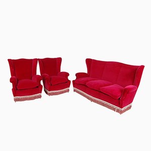 Italian Red Velvet Living Room Set, 1950s, Set of 3