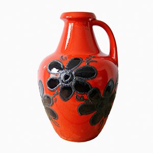 Rote Bodenvase mit schwarzen Blumen von Bay Keramik, 1960er