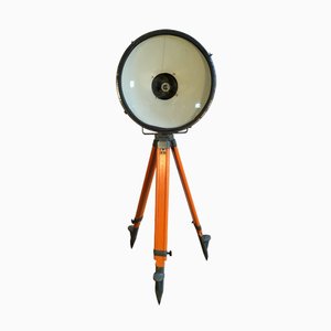 Vintage Grey Factory Spotlight with Wooden Tripod Base