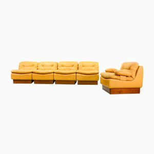 Mid-Century Deep Yellow Leather Modular Sofa Set from Dreipunkt, 1970s, Set of 5