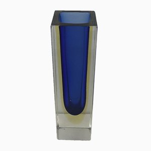 Jarrón italiano vintage de cristal de Murano Sommerso en amarillo y azul de Alessandro Mandruzzato