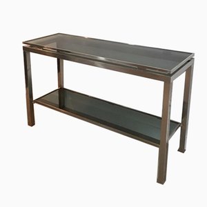 Brushed Steel Console Table with Glass Top by Guy Lefèvre for Maison Jansen, 1970s
