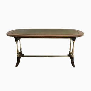 Table Basse Style Néoclassique en Bois, Laiton et Cuir, 1940s