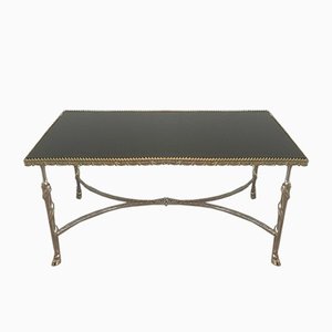 Silver Coffee Table with Cloven Hoof Feet & Black Lacquered Glass Top, 1940s