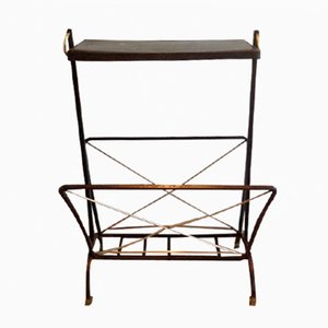 Mid-Century Brass & Black Metal Magazine Rack