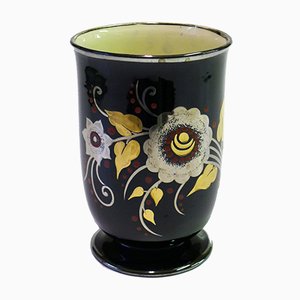 Vase Noir avec Décoration Florale de Boch La Louvière, 1920s