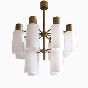 Brass Chandelier with Opaline Shades by Hans-Agne Jakobsson, 1960s