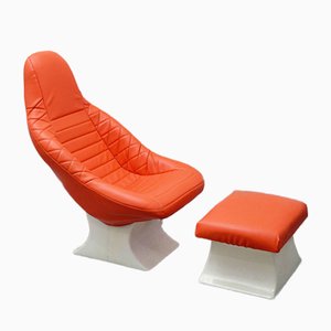 Space Age Fiberglass Lounge Chair with Pouf, 1970s, Set of 2