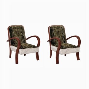 Set of Art Deco Cherry & Velvet Armchairs, 1930s