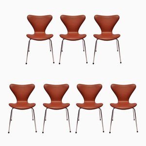 Model 3107 Cognac-Colored Savanne Leather Chairs by Arne Jacobsen for Fritz Hansen, 1970s, Set of 2