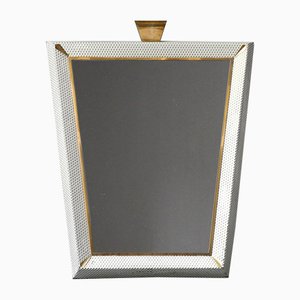 Large Mid-Century Modern Illuminated Mirror with Perforated Metal Frame and Brass Details