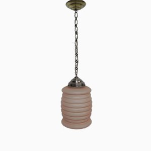 Art Deco Hanging Lamp with Pink Frosted Glass Shade, 1930s