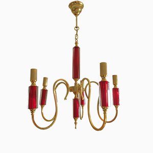 Vintage Brass & Red Crystal Chandelier