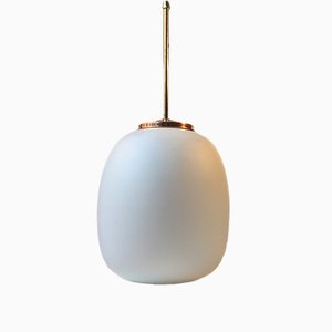 Mid-Century Opaline Glass, Copper & Brass Pendant Lamp by Bent Karlby for Lyfa, 1960s
