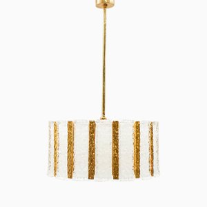 Gold-Plated & Frosted Ice Glass Drum Pendant from Kalmar, 1960s