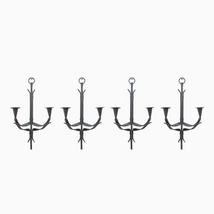 Hand-Forged Iron Wall Mounted Candleholders, 1950s, Set of 4