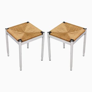 Set of Chromed Steel, Straw & Mahogany Stools, 1950s