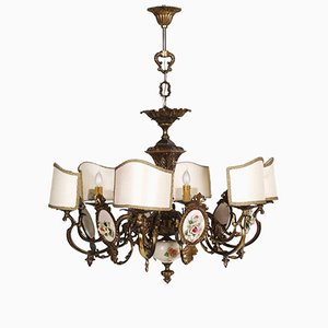 Art Nouveau Italian Chandelier in Burnished Brass and Bassano Ceramic, 1930s