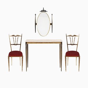 Table Console d'Entrée Art Nouveau Mid-Century en Laiton, Miroir & 2 Chaises, Set de 4