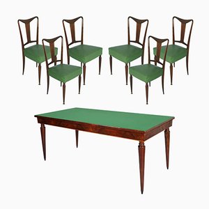 Mid-Century Italian Walnut Dining Table & 6 Chairs, Set of 7